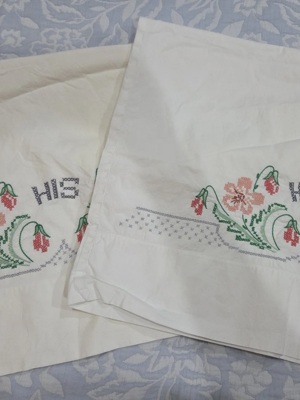 His/Hers Embroidered White Floral Pillowcases - Set of 2